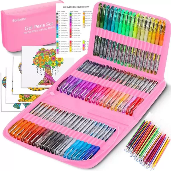 imageSoucolor Glitter Gel Pens for Adult Coloring Books 120 Pack60 Glitter Pens 60 Refills and Travel Case 40 More Ink Markers Set for Drawing Doodling Journaling Craft Art Supplies BluePink