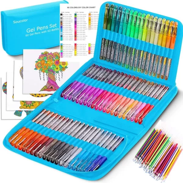 imageSoucolor Glitter Gel Pens for Adult Coloring Books 120 Pack60 Glitter Pens 60 Refills and Travel Case 40 More Ink Markers Set for Drawing Doodling Journaling Craft Art Supplies BlueBlue