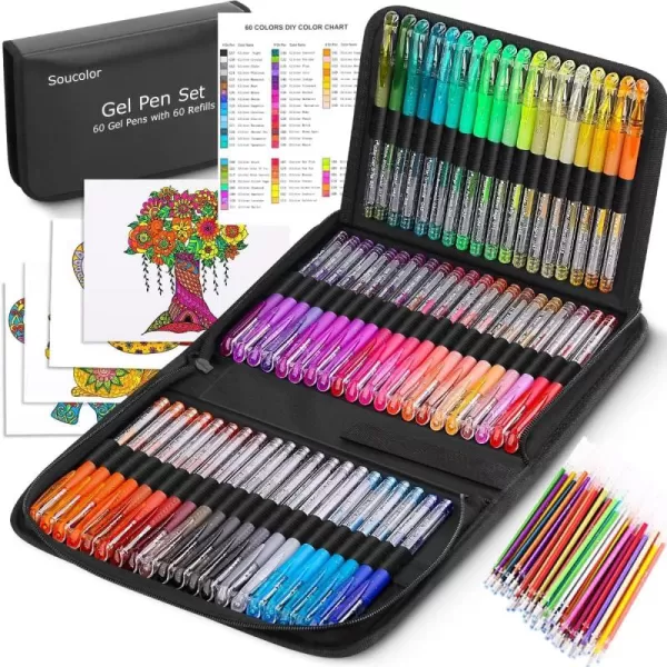 imageSoucolor Glitter Gel Pens for Adult Coloring Books 120 Pack60 Glitter Pens 60 Refills and Travel Case 40 More Ink Markers Set for Drawing Doodling Journaling Craft Art Supplies BlueBlack
