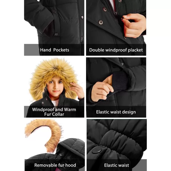 imageFARVALUE Girls Warm Winter Coats Water Resistant Thicken Long Parka Fleece Puffer Jacket Hooded Quilted WindbreakerBlack