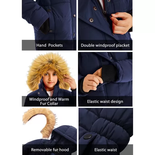 imageFARVALUE Girls Warm Winter Coats Water Resistant Thicken Long Parka Fleece Puffer Jacket Hooded Quilted WindbreakerNavy