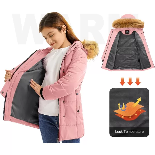 imageFARVALUE Girls Warm Winter Coats Water Resistant Thicken Long Parka Fleece Puffer Jacket Hooded Quilted WindbreakerPink