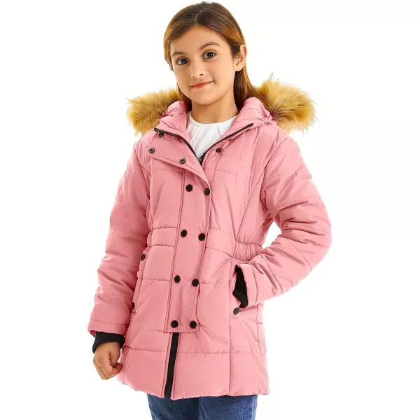 imageFARVALUE Girls Warm Winter Coats Water Resistant Thicken Long Parka Fleece Puffer Jacket Hooded Quilted WindbreakerPink