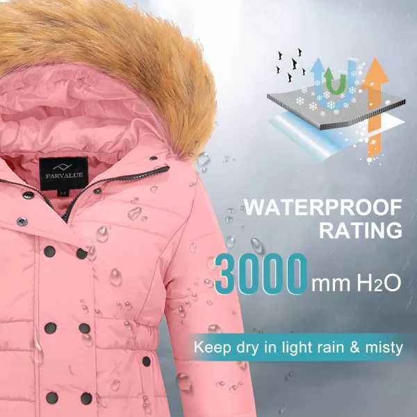 imageFARVALUE Girls Warm Winter Coats Water Resistant Thicken Long Parka Fleece Puffer Jacket Hooded Quilted WindbreakerPink