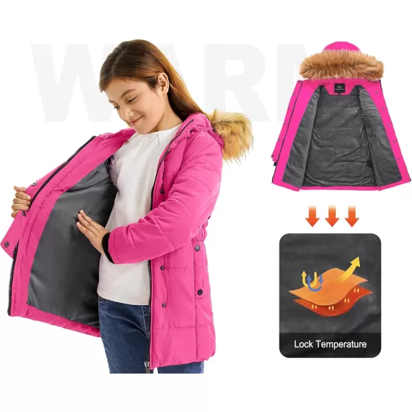 imageFARVALUE Girls Warm Winter Coats Water Resistant Thicken Long Parka Fleece Puffer Jacket Hooded Quilted WindbreakerRose Red