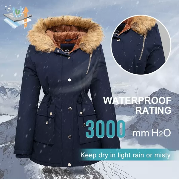 imageFARVALUE Womens Waterrepellent Winter Coat Thicken Puffer Jacket Warm FLeece Lined Parka with Fur HoodNavy