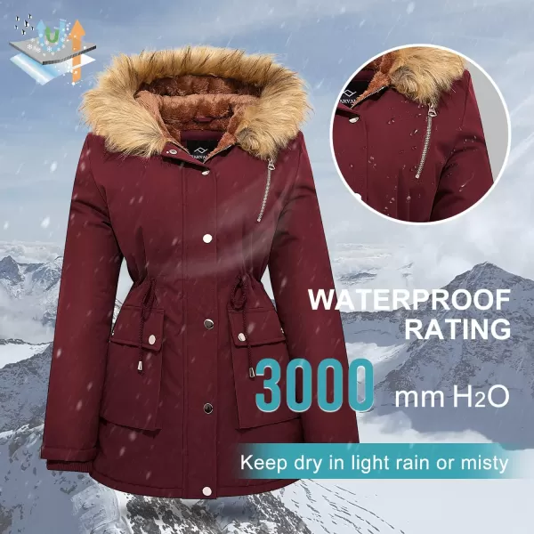 imageFARVALUE Womens Waterrepellent Winter Coat Thicken Puffer Jacket Warm FLeece Lined Parka with Fur HoodWine Red