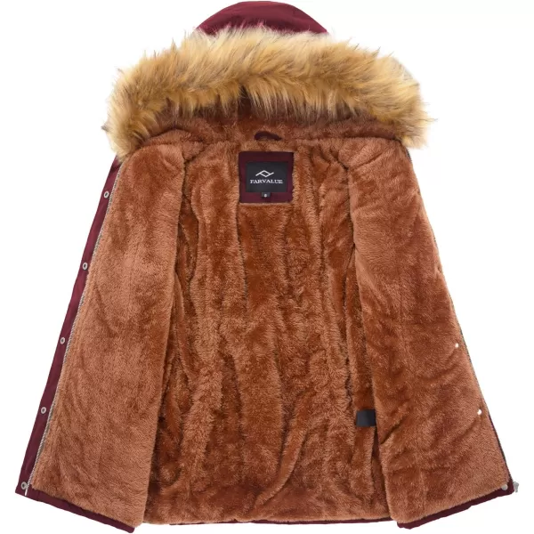 imageFARVALUE Womens Waterrepellent Winter Coat Thicken Puffer Jacket Warm FLeece Lined Parka with Fur HoodWine Red