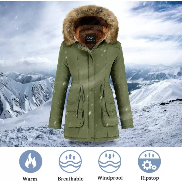 imageFARVALUE Womens Winter Coat Hooded Warm Fleece Parka Jacket with Fur Trim CoatArmy Green