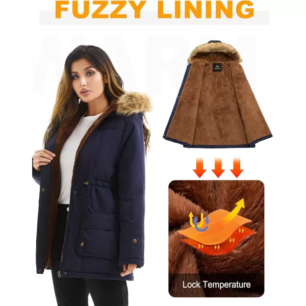 imageFARVALUE Womens Winter Coat Hooded Warm Fleece Parka Jacket with Fur Trim CoatNavy