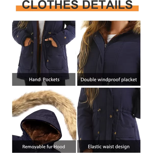 imageFARVALUE Womens Winter Coat Hooded Warm Fleece Parka Jacket with Fur Trim CoatNavy