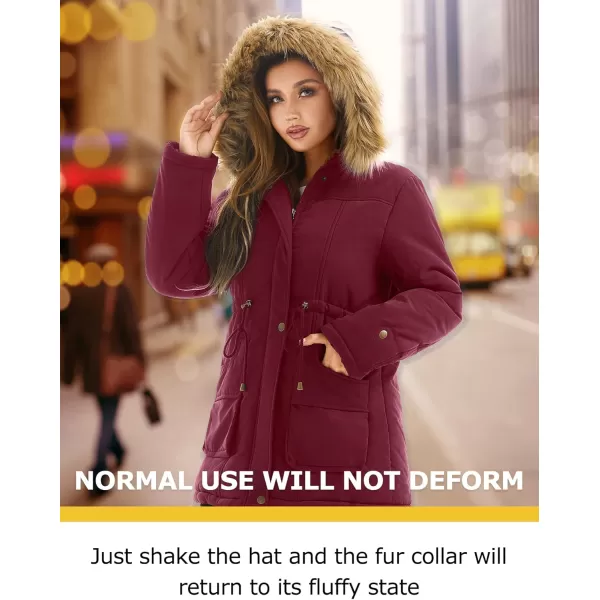 imageFARVALUE Womens Winter Coat Hooded Warm Fleece Parka Jacket with Fur Trim CoatWine Red