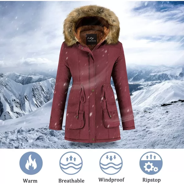 imageFARVALUE Womens Winter Coat Hooded Warm Fleece Parka Jacket with Fur Trim CoatWine Red