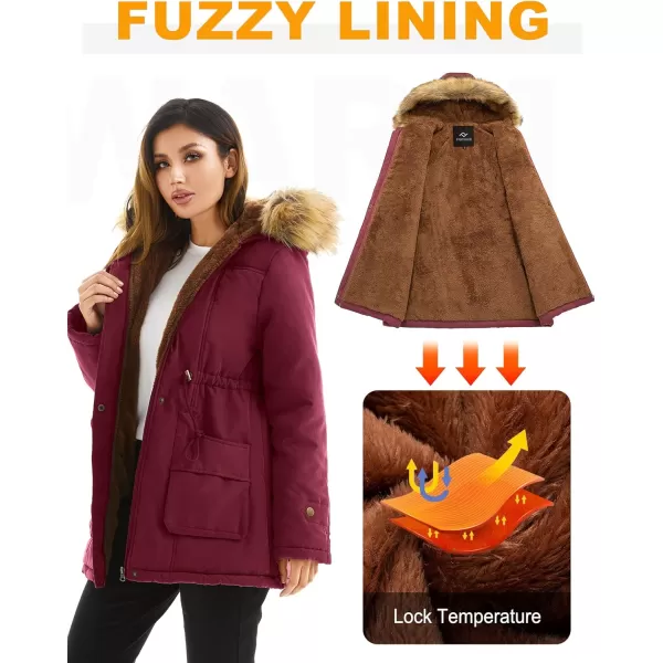 imageFARVALUE Womens Winter Coat Hooded Warm Fleece Parka Jacket with Fur Trim CoatWine Red