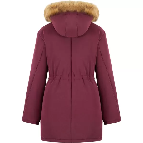 imageFARVALUE Womens Winter Coat Hooded Warm Fleece Parka Jacket with Fur Trim CoatWine Red