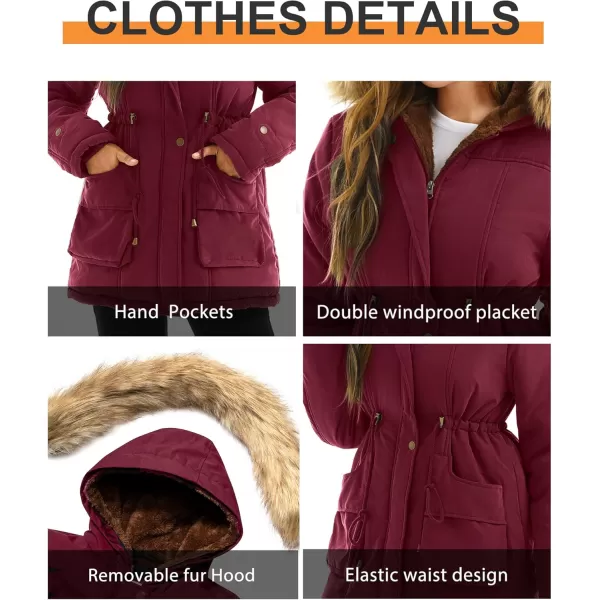 imageFARVALUE Womens Winter Coat Hooded Warm Fleece Parka Jacket with Fur Trim CoatWine Red