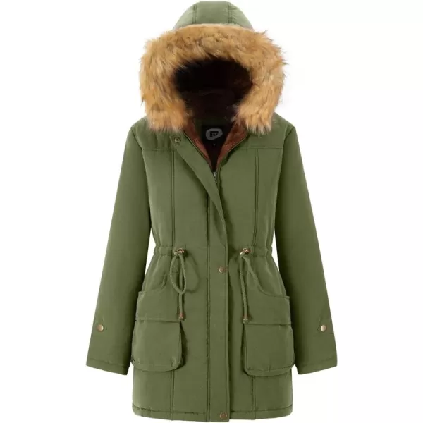 imageFARVALUE Womens Winter Coat Hooded Warm Fleece Parka Jacket with Fur Trim CoatArmy Green
