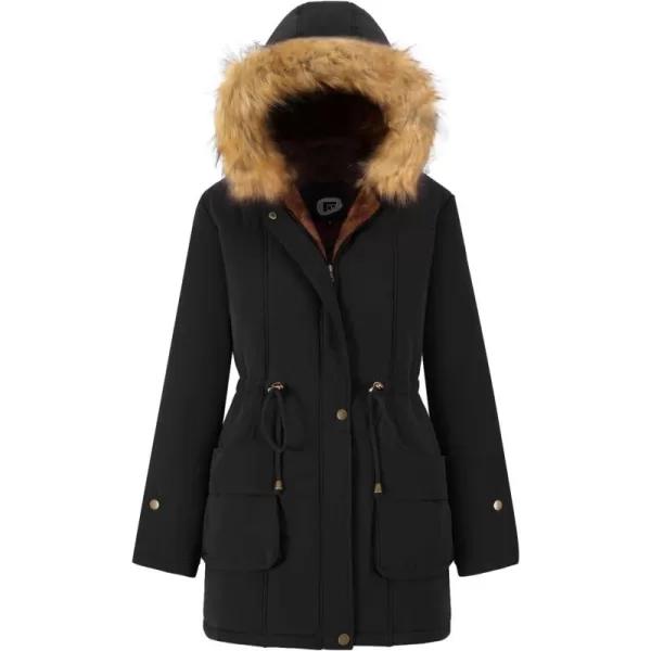 imageFARVALUE Womens Winter Coat Hooded Warm Fleece Parka Jacket with Fur Trim CoatBlack