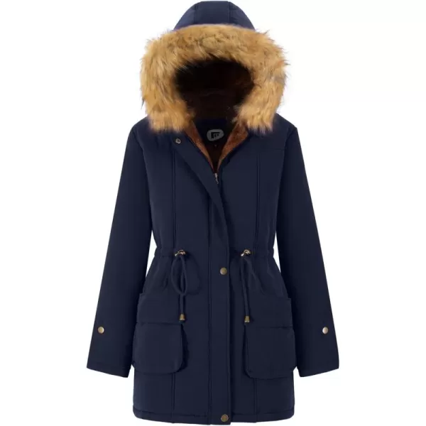 imageFARVALUE Womens Winter Coat Hooded Warm Fleece Parka Jacket with Fur Trim CoatNavy