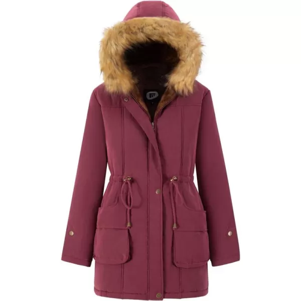 imageFARVALUE Womens Winter Coat Hooded Warm Fleece Parka Jacket with Fur Trim CoatWine Red