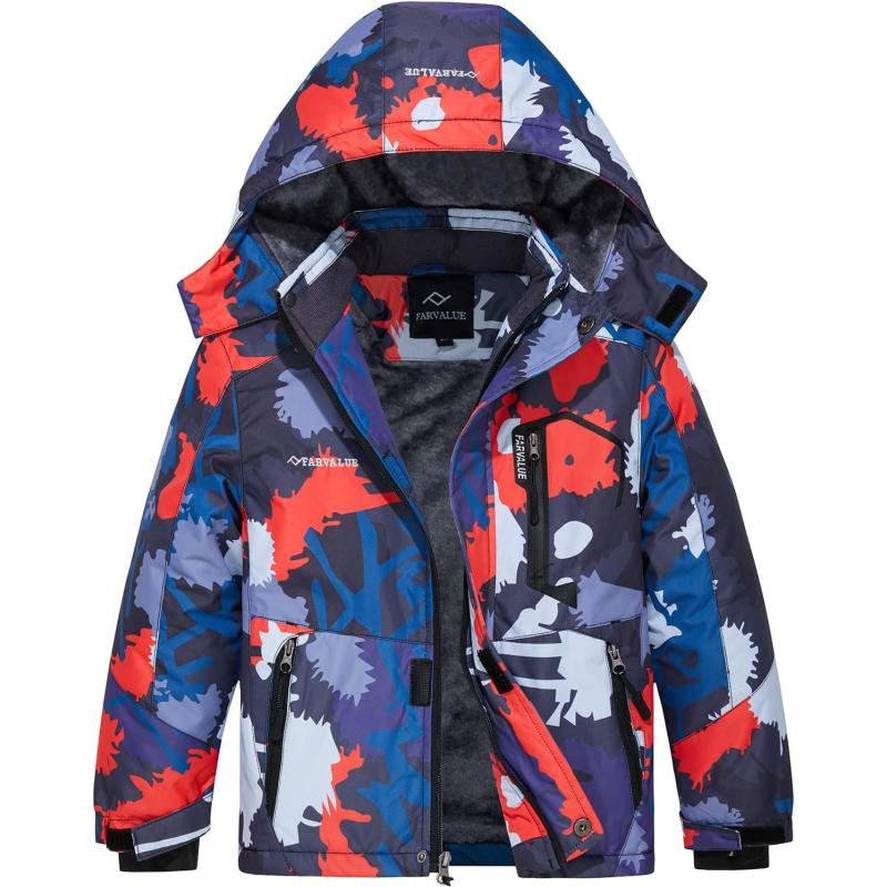 imageFARVALUE Boys Waterproof Ski Jacket Windproof Winter Coat Warm Snow Coat Outdoor Raincoats Hooded WindbreakerOrange Camouflage