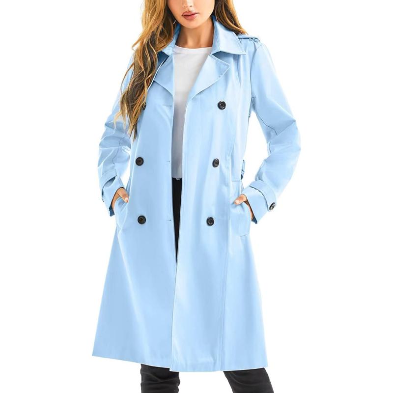 imageFARVALUE Womens Waterproof Trench Coat Long Double Breasted Windbreaker Classic Belted Lapel Overcoat with Removable HoodBlue