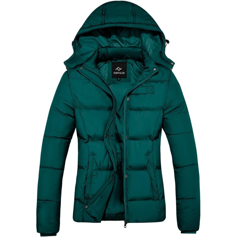 imageFARVALUE Womens Winter Coat Thicken Puffer Jacket Warm Bubble Coat with Removable HoodDark Green