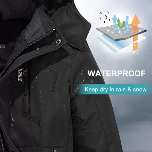 imageFARVALUE Boys Waterproof Ski Jacket Windproof Winter Coat Warm Snow Coat Outdoor Raincoats Hooded WindbreakerBlack