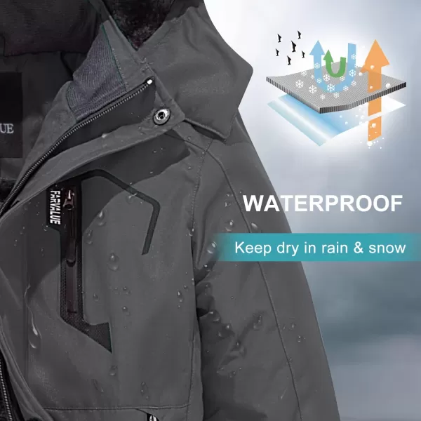 imageFARVALUE Boys Waterproof Ski Jacket Windproof Winter Coat Warm Snow Coat Outdoor Raincoats Hooded WindbreakerGrey