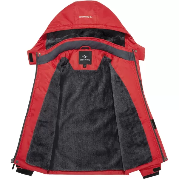 imageFARVALUE Boys Waterproof Ski Jacket Windproof Winter Coat Warm Snow Coat Outdoor Raincoats Hooded WindbreakerRed