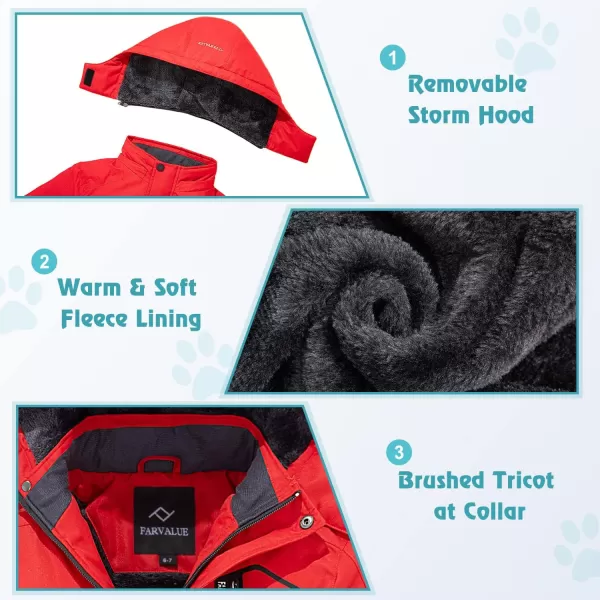 imageFARVALUE Boys Waterproof Ski Jacket Windproof Winter Coat Warm Snow Coat Outdoor Raincoats Hooded WindbreakerRed