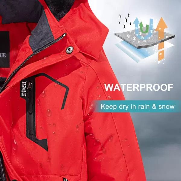 imageFARVALUE Boys Waterproof Ski Jacket Windproof Winter Coat Warm Snow Coat Outdoor Raincoats Hooded WindbreakerRed