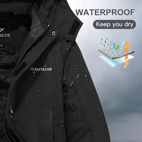 imageFARVALUE Boys Waterproof Ski Jacket Windproof Winter Coat Warm Snow Coat Outdoor Raincoats with Removable HoodBlack