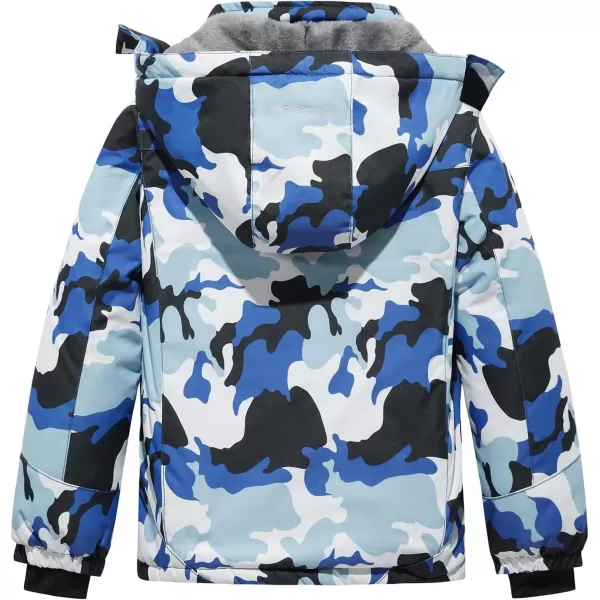 imageFARVALUE Boys Waterproof Ski Jacket Windproof Winter Coat Warm Snow Coat Outdoor Raincoats with Removable HoodBlue Camouflage