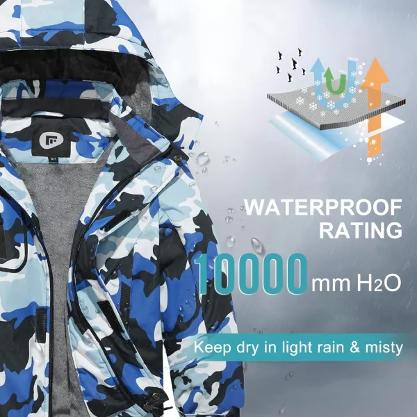 imageFARVALUE Boys Waterproof Ski Jacket Windproof Winter Coat Warm Snow Coat Outdoor Raincoats with Removable HoodBlue Camouflage