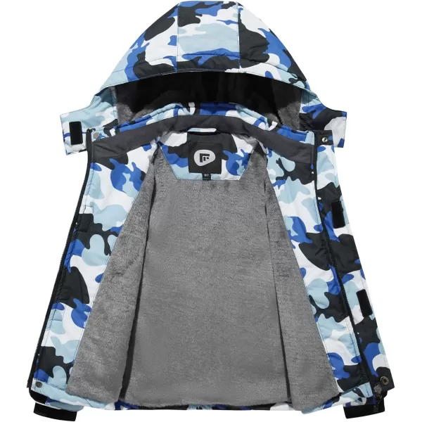 imageFARVALUE Boys Waterproof Ski Jacket Windproof Winter Coat Warm Snow Coat Outdoor Raincoats with Removable HoodBlue Camouflage