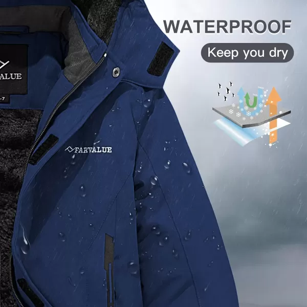 imageFARVALUE Boys Waterproof Ski Jacket Windproof Winter Coat Warm Snow Coat Outdoor Raincoats with Removable HoodNavy