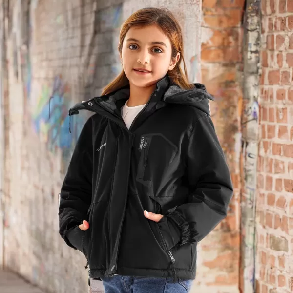 imageFARVALUE Girls Waterproof Skiing Jacket Windproof Winter Coat Warm Snow Coat with Removable HoodBlack