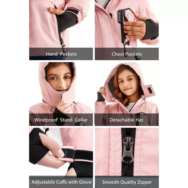 imageFARVALUE Girls Waterproof Skiing Jacket Windproof Winter Coat Warm Snow Coat with Removable HoodPink