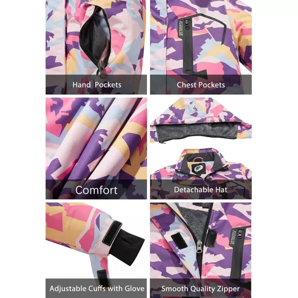 imageFARVALUE Girls Waterproof Skiing Jacket Windproof Winter Coat Warm Snow Coat with Removable HoodPurple Camouflage