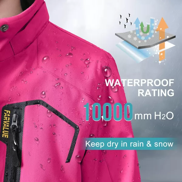imageFARVALUE Girls Waterproof Skiing Jacket Windproof Winter Coat Warm Snow Coat with Removable HoodRose Red