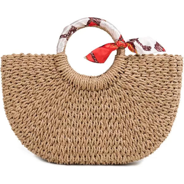 imageFARVALUE Summer Straw Beach Tote Bag Handmade Large Straw Tote Handbag Womens Handbags And Free Silk ScarvesKhaki