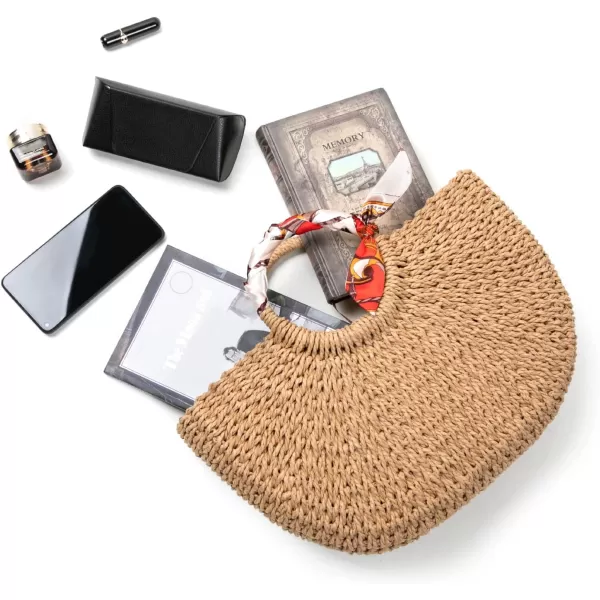 imageFARVALUE Summer Straw Beach Tote Bag Handmade Large Straw Tote Handbag Womens Handbags And Free Silk ScarvesKhaki