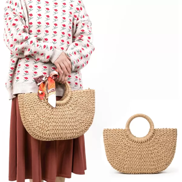 imageFARVALUE Summer Straw Beach Tote Bag Handmade Large Straw Tote Handbag Womens Handbags And Free Silk ScarvesKhaki