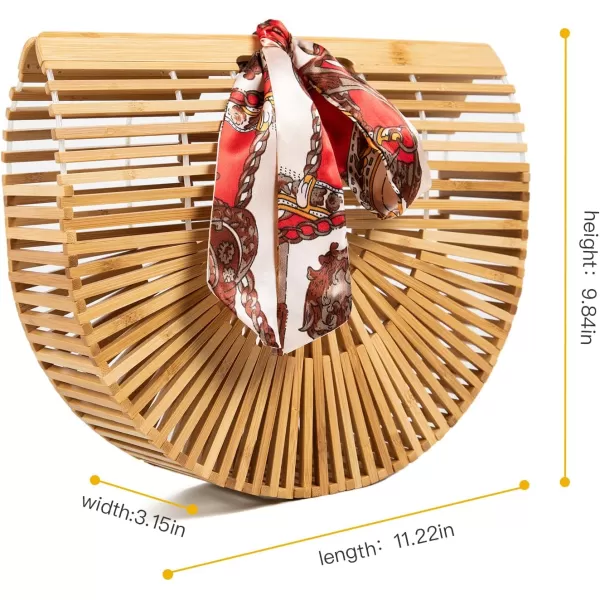 imageFARVALUE Womens Bamboo Bag Summer Wooden Handbag Handmade Large Tote Bag Beach Bag with Silk Scarf