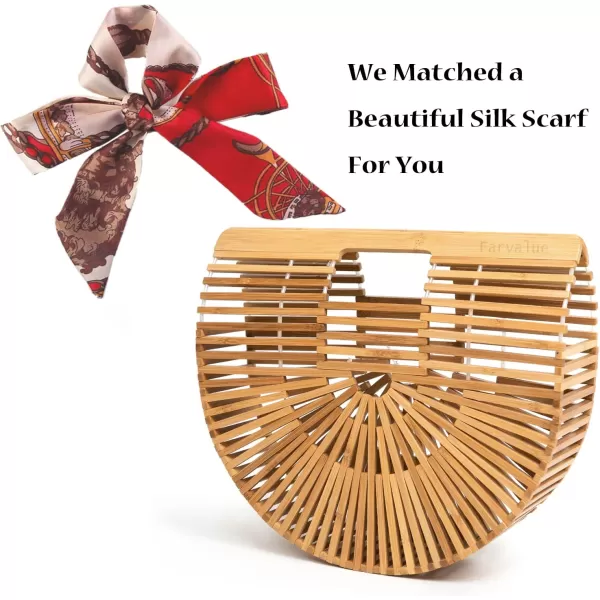 imageFARVALUE Womens Bamboo Bag Summer Wooden Handbag Handmade Large Tote Bag Beach Bag with Silk Scarf