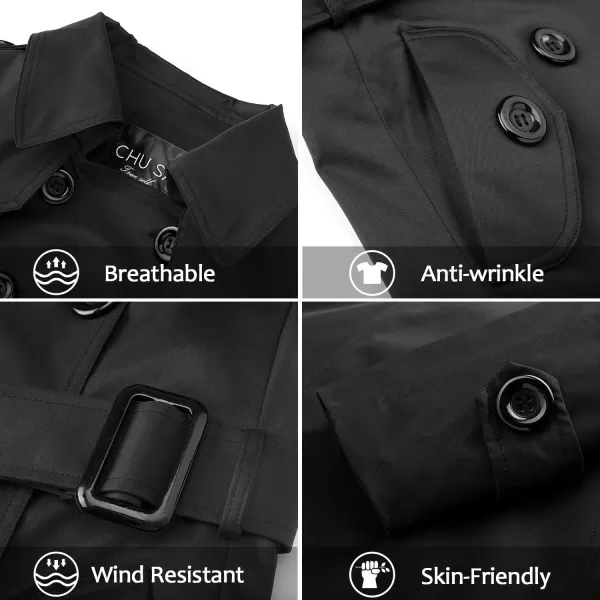 imageFARVALUE Womens Double Breasted Trench Coat Water Resistant Windbreaker Classic Belted Lapel OvercoatAblack