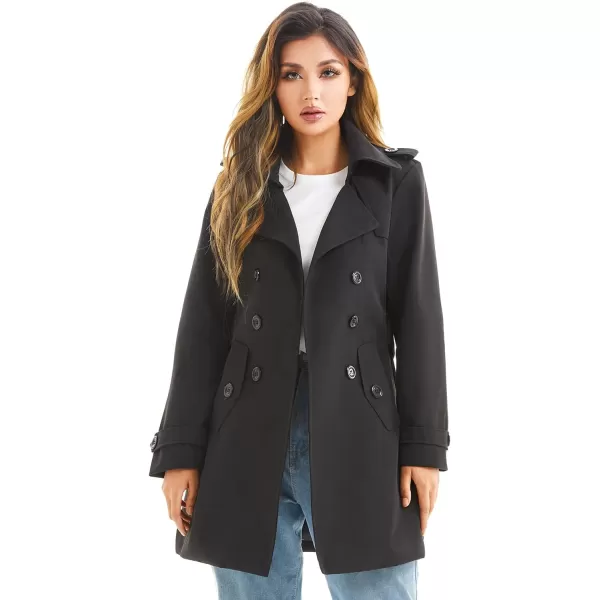 imageFARVALUE Womens Double Breasted Trench Coat Water Resistant Windbreaker Classic Belted Lapel OvercoatAblack