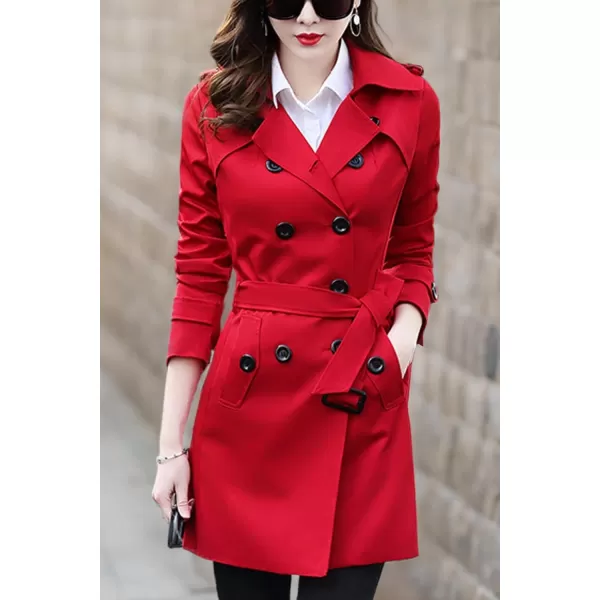 imageFARVALUE Womens Double Breasted Trench Coat Water Resistant Windbreaker Classic Belted Lapel OvercoatAred