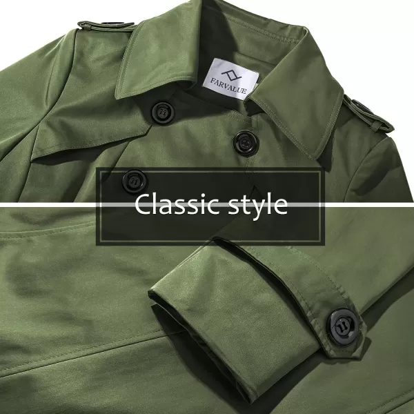 imageFARVALUE Womens Double Breasted Trench Coat Water Resistant Windbreaker Classic Belted Lapel OvercoatArmy Green